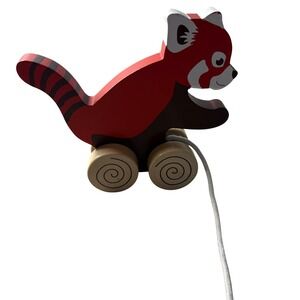 Wooden Red Panda Pull Toy Toddler Walking Toy Nursery Decor Red Black Retro